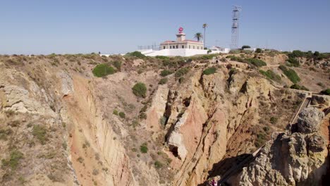 Low-angle-view-of-Ponta-da-Piedade-lighthouse,-Algarve,-Portugal,-Aerial-pullback-revealing-headland-and-cliffs