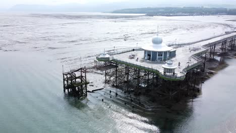 Bangor-Garth-pier-Victorian-low-tide-silver-dome-pavilion-landmark-tourist-aerial-view-orbit-right