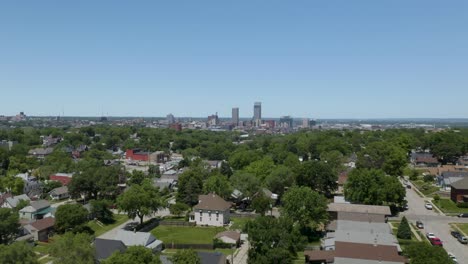 Beautiful-Establishing-Aerial-Shot-of-Omaha-Skyline-in-Midwestern-USA