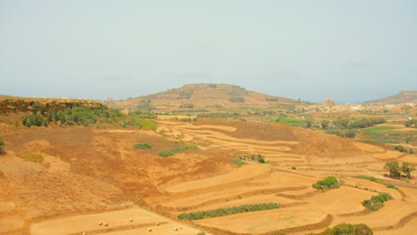 Overview-of-the-landscape-of-Gozo-Island,-vast-sandy-desert-with-small-hills-and-fields