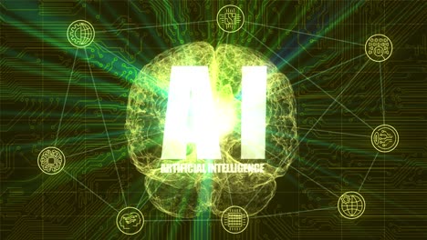 High-quality-VFX-motion-graphics-animation-depicting-emerging-technology-in-the-Artificial-Intelligence-AI,-with-spinning-particle-brain,-symbols-and-abstract-plexus-design,-in-yellow-color-scheme