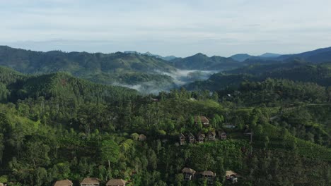 Aerial-of-lush-tropical-forest-in-Sri-Lanka-with-isolated-resorts,-Ella