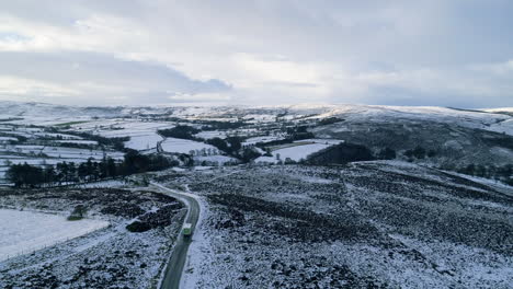 North-York-Moors-Snow-Scene-Drone-Flight,-Castleton,-Westerdale,-Rosedale,-Aerial-Flight-over-Westerdale-Winter-cold-and-moody-clouds,-Phantom-4,-Clip-3