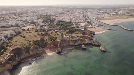 Panoramic-view-of-Algarve-rocky-coast-and-sand-beaches,-Lagos,-Portugal