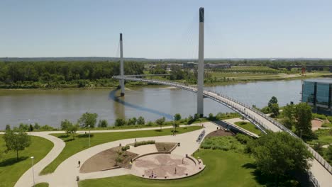 Aerial-View-of-Park-and-Bridge-in-Omaha,-Nebraska-on-Summer-Day