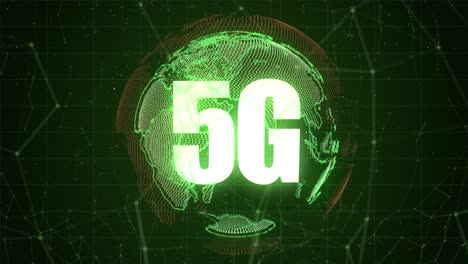 High-quality-VFX-motion-graphics-animation-depicting-emerging-technology-in-the-5G-cellular-connectivity-space,-with-spinning-particle-Earth-globe-and-abstract-plexus-design,-in-green-color-scheme