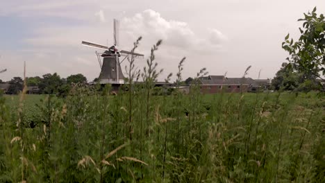 Aerial-descend-showing-a-Dutch-windmill-obscured-by-side-of-the-road-greenery-in-countryside-of-The-Netherlands