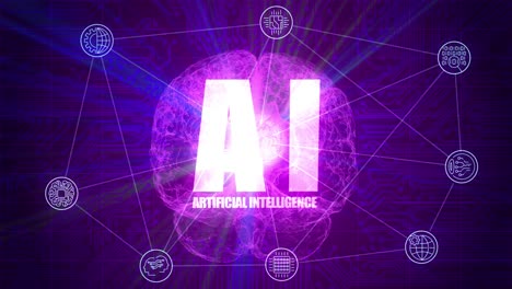 High-quality-VFX-motion-graphics-animation-depicting-emerging-technology-in-the-Artificial-Intelligence-AI,-with-spinning-particle-brain,-symbols-and-abstract-plexus-design,-in-purple-color-scheme