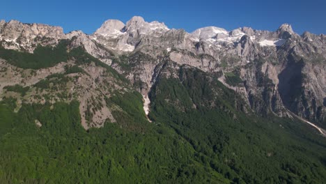 Breathtaking-panorama-of-Albanian-Alps,-high-mountains-covered-in-snow-and-green-wild-forest
