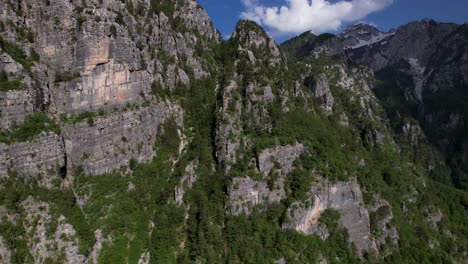 Ideal-mountain-for-hiking-and-climbing,-rocky-peak-with-pine-trees-on-beautiful-Alps-of-Albania