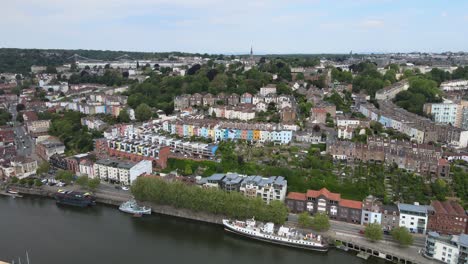 Bristol-city-UK-Waterfront-Row-of-colourful-houses-Aerial-footage-4K