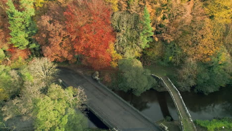 North-York-Moors,-Yorkshire-River-Esk-Drone-Footage,-flight-over-Beggars-Bridge-Glaisdale,-Brown-and-Red-Autumnal-trees,-Phantom-4-aerial---Autumn-Clip-10