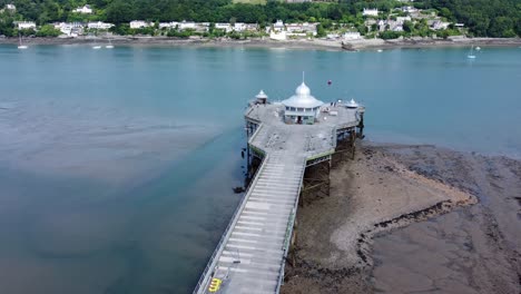 Bangor-Garth-pier-Victorian-ornamental-silver-dome-pavilion-landmark-tourist-aerial-view-reverse-down-boardwalk