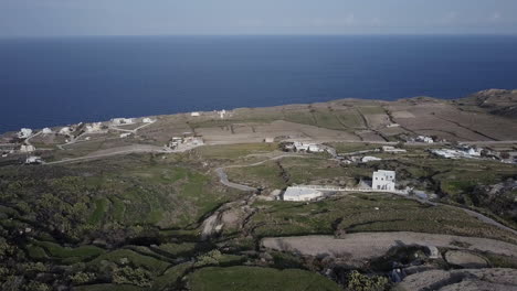 Aerial-drone-shot-of-Greek-island-of-Santorini-countryside,-4K