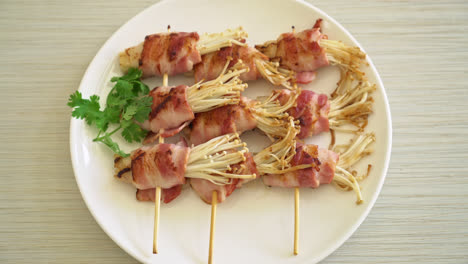 Bacon-Wrapped-Golden-Needle-Mushroom-Skewers