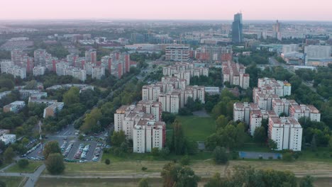 Aerial-shot-of-Belgrade-residential-buildings,-Serbia-capital-at-sunset