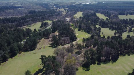 Aerial-top-view-of-green-grass-and-trees-on-a-golf-field-near-a-forest