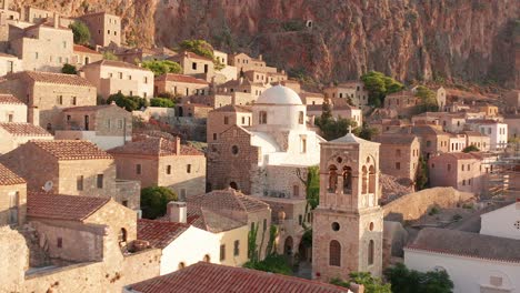 Aerial-view-of-a-greek-orthodox-church-with-cupola-in-Monemvasia