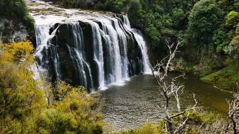 Beautiful-giant-Waihi-Falls-falling-down-into-natural-Stream-during-daytime-in-Autumn---New-Zealand,-Scenic-Reserve