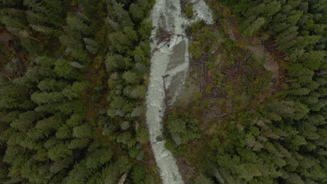Bird's-eye-view-flying-over-silt-filled-river-in-British-Columbia-wilderness