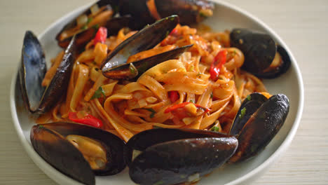 Spaghetti-pasta-with-mussels-or-clams-and-tomato-sauce---Italian-food-style