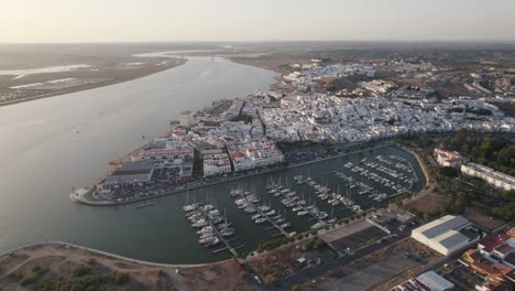 Aerial-panorama-view-over-Ayamonte-town-riverside-and-Marina,-Huelva---Spain