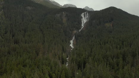Huge-long-waterfall-on-mountain-running-between-pine-tree-forest