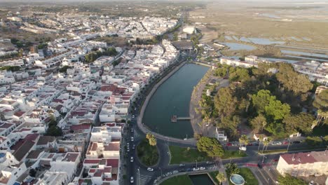Panoramic-view-of-urban-development,-lakes-and-roundabout-in-Ayamonte