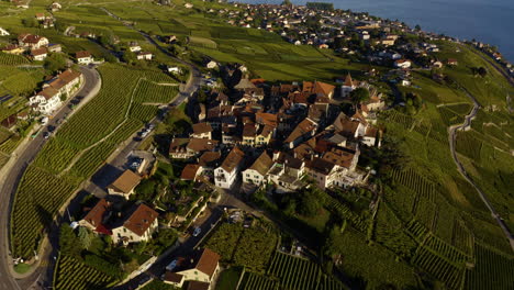 Village-Of-Grandvaux-In-Lavaux---picturesque-village-of-Grandvaux-lies-in-the-midst-of-vineyards-on-the-shores-of-Lake-Geneva-in-Switzerland---aerial-drone-shot