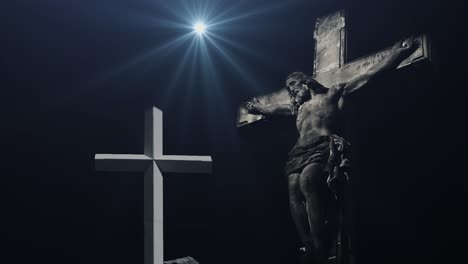 Jesus-Am-Kreuz-Und-Andere-Kreuze-Auf-Der-Felsensilhouette,-Dunkler-Hintergrund