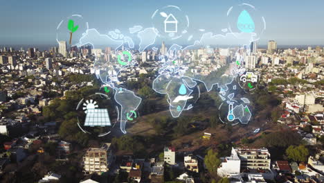 Antenne-Des-Konzepts-Des-Grünen-Planeten-Mit-Digitalen-Hologrammsymbolen-über-Dem-Ländlichen-Park-Und-Der-Skyline-Der-Stadt-Im-Hintergrund---Umweltfreundlich,-Sonnenkollektoren,-Erneuerbare-Energien,-Recycling,-Klimawandel-Und-Globale-Erwärmung--4k