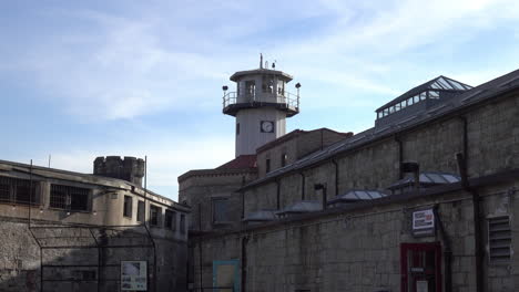 Guard-tower,-cellblocks-and-baseball-backstop-at-Eastern-State-Penitentiary