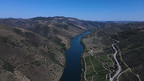 Aerial-view-of-the-amazing-Tua-river-in-the-North-of-Portugal-surrounded-by-mountains-and-wine-vines