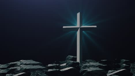 crucifix-on-the-rocks-silhouette-and-bright-stars,-dark-background