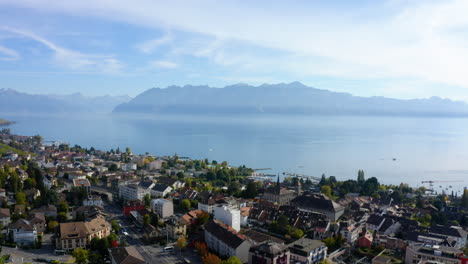 Aerial-Overview-Of-Pully-Town-Center-And-Lake-Leman-In-The-Canton-Of-Vaud-In-Switzerland