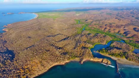 Hohe-Luftaufnahme-Der-Mündung-Des-Mangrovenflusses-In-Der-Nähe-Des-Meeresrandes-Mit-Braunen-Wüstenhügeln