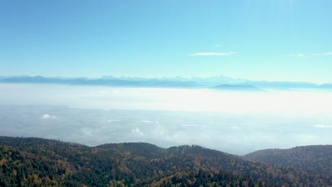 A-drone-flies-over-an-alpine-forest-with-views-across-a-large-lake-and-in-the-distant-haze-a-majestic-view-of-the-Mont-Blanc-massive-and-high-peaks-of-the-Swiss-and-French-alps