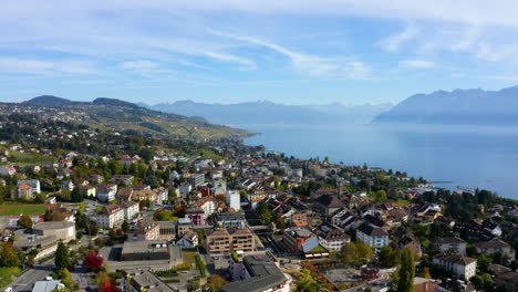 Panoramic-View-On-Municipality-Of-Pully-In-Switzerland-In-The-Canton-Of-Vaud,-Located-In-The-District-Of-Lavaux-Oron---aerial-drone-shot