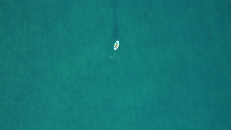 Breathtaking-drone-clip-overhead-a-SUP-paddleboard-in-the-middle-of-the-tropical-ocean-in-Calpe,-Spain