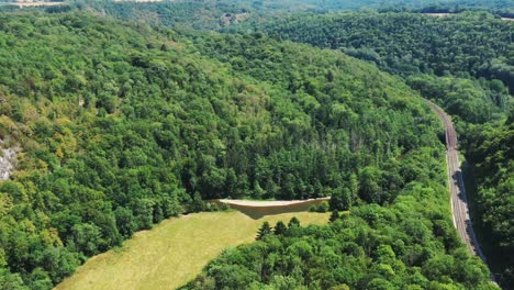 Aerial-shot-of-French-woodland-in-summer