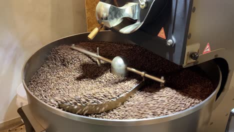 Aromatic-specialty-coffee-beans-resting-on-cooling-and-mixing-tray-to-reduce-the-heat-evenly-after-roasting,-spinning-in-regular-speed,-production-warehouse-factory-shot-of-food-and-beverage-industry