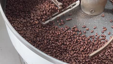 Roasted-quality-coffee-beans-spinning-on-cooling-and-mixing-tray-to-reduce-the-heat-temperature-after-roasting,-production-warehouse-factory-shot-of-food-and-beverage-industry,-close-up-shot