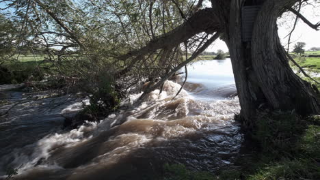 Das-Schnell-Fließende-Wasser-Des-Flusses-Pfeil,-Der-Nach-Starken-Regenfällen-Durch-Warwickshire,-England,-Fließt,-Erhöhte-Den-Flusspegel