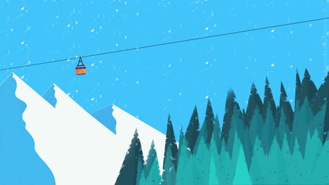 Winter-scenery-in-hand-drawn-2-d-animation-of-a-orange-cable-car-and-mountains