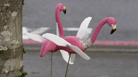Two-flamingo-lawn-spinners-look-tired-and-worn-after-a-long-winter