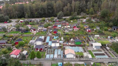 Community-gardens,-small-community-of-backyard-farms-in-Gothenburg,-Sweden,-Aerial