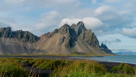 White-Clouds-Moving-Over-The-Vestrahorn-Mountain-In-Stokksnes,-Iceland