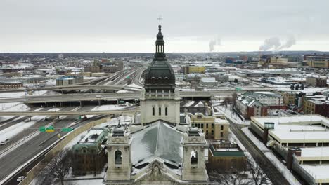 Drone-Flies-Over-Basilica-of-Saint-Mary-in-Winter