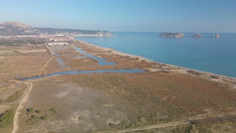 Aerial-Images-With-Drone-Of-The-Medes-Islands-In-Catalunya-Costa-Brava-European-Tourism-Empty-Beach-Beach-Of-Begur-The-Gola-Del-Ter-Mouth-Of-The-River-Aiguamolls-Del-Baix-Emporda