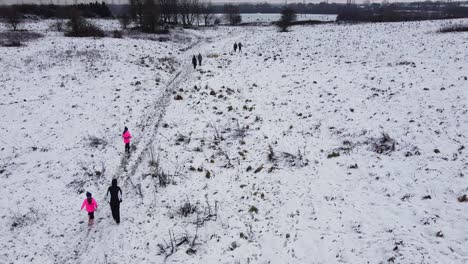 Drone-shot-tilt-over-people-walking-in-snowy-field-countryside-UK
